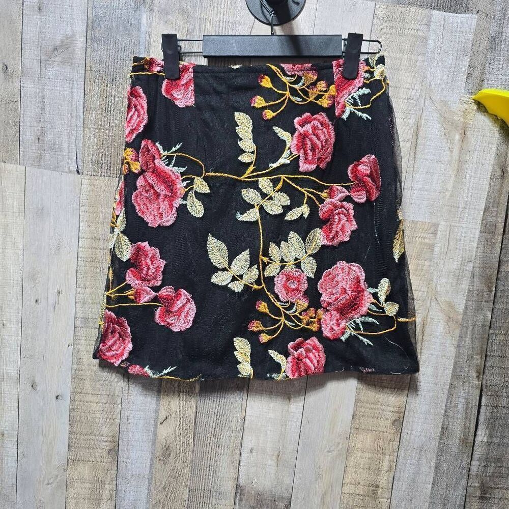 Oh Polly Black Floral Embroidered Mesh Mini Skirt 12 Boho Femme Event Summer